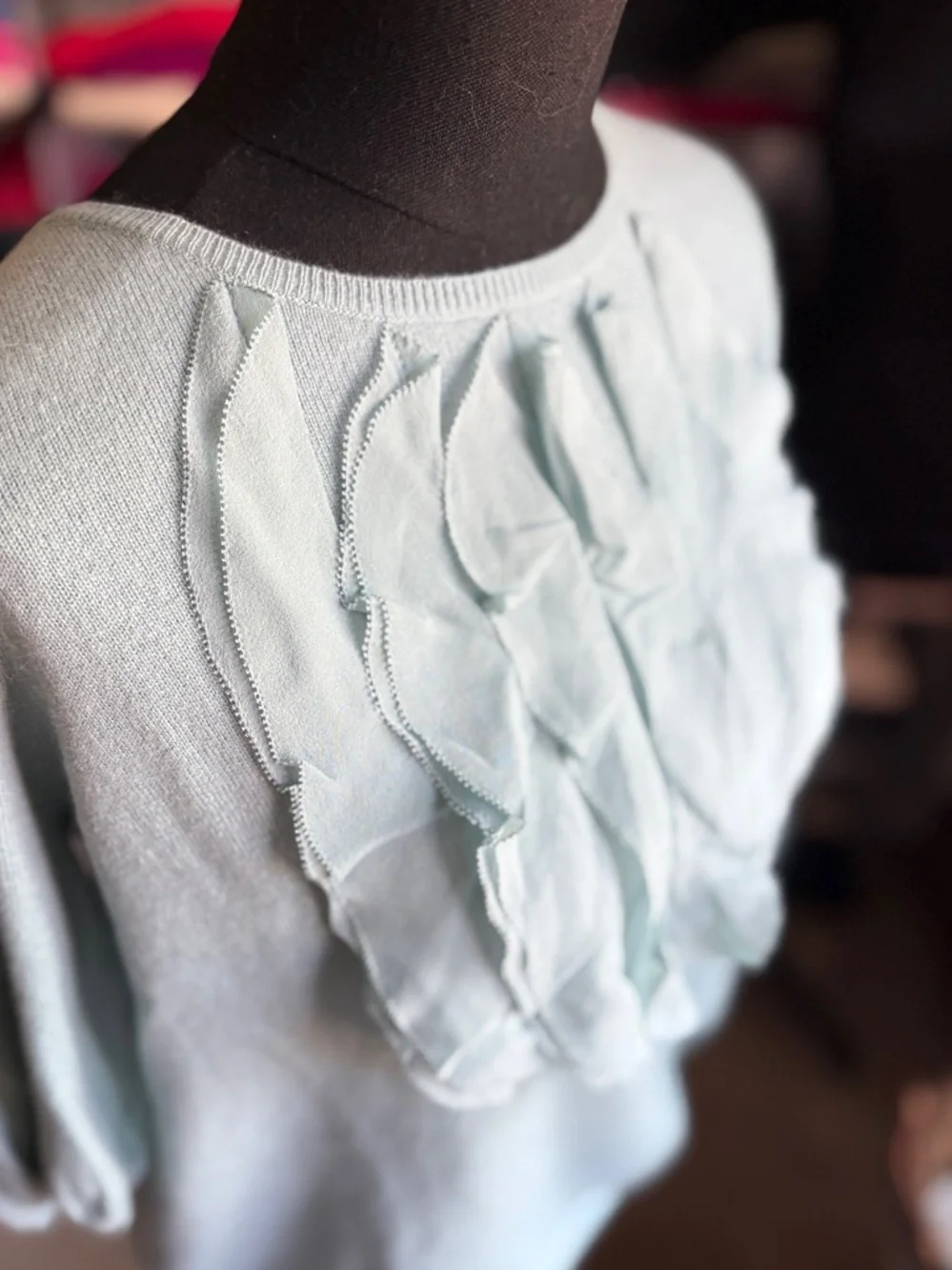 Ann Taylor Light Aqua Cashmere Sweater Ruffled Chest